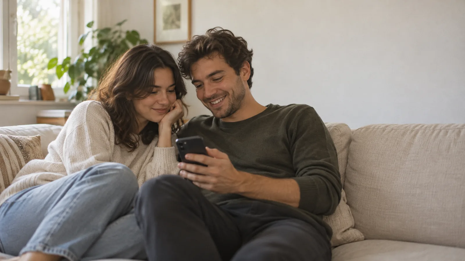 Two people sitting close on a sofa, one leaning toward the other over a shared phone.