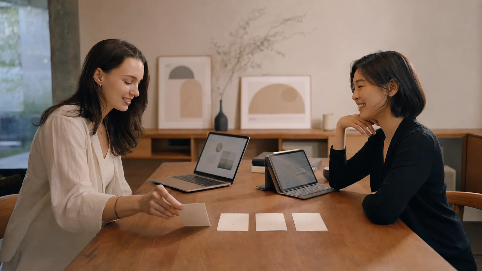 Two women at a wooden table laying out name cards between a laptop and a tablet.