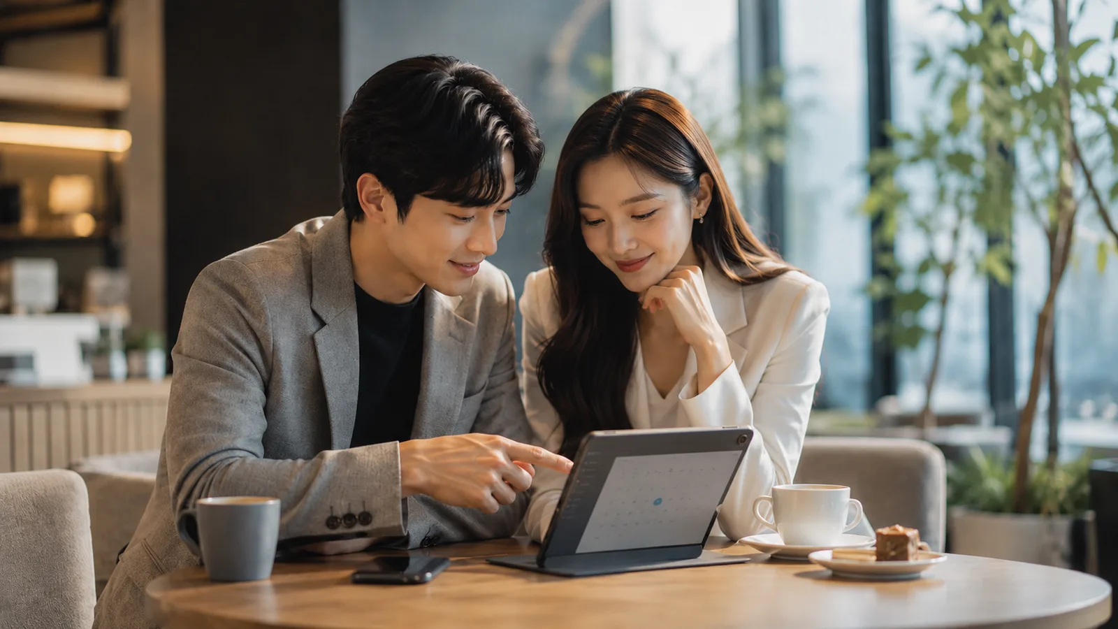 A couple in a cafe pointing at a date on a tablet calendar over coffee.