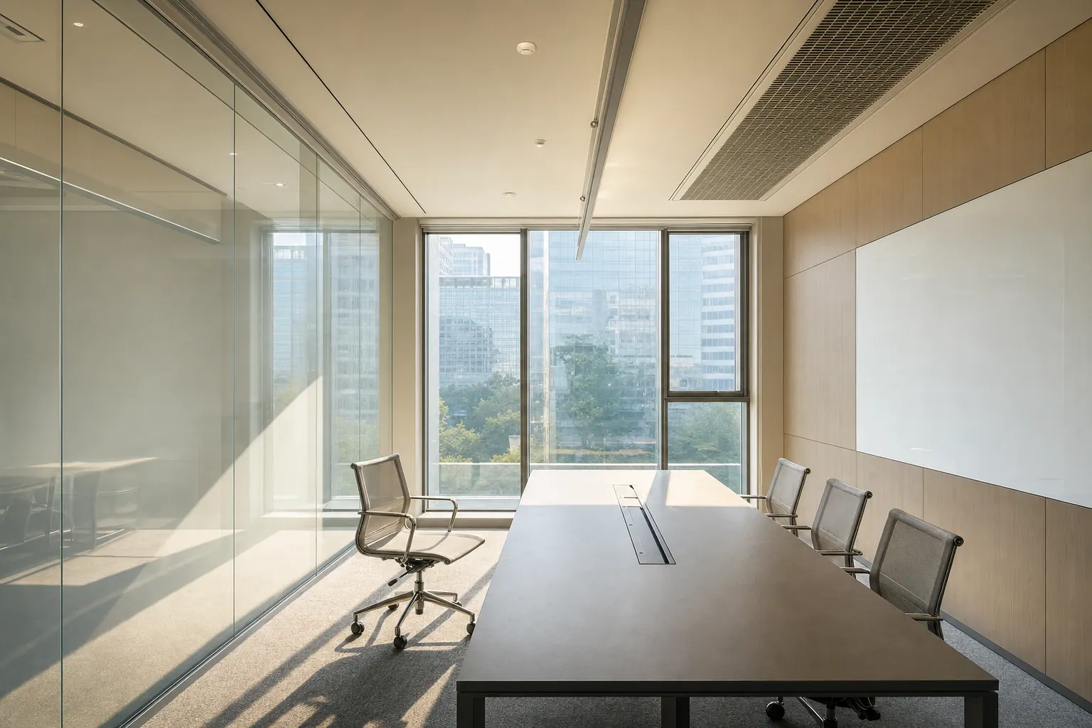 Warm midday summer light across an empty meeting room, one chair pushed back from the table.