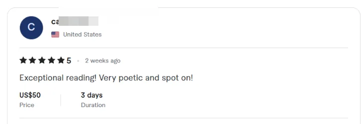 Fiverr review from a client in the United States, 5 stars: exceptional reading, very poetic and spot on
