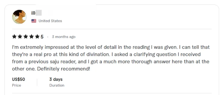 Fiverr review from a client in the United States, 5 stars: a much more thorough answer than from a previous Saju reader