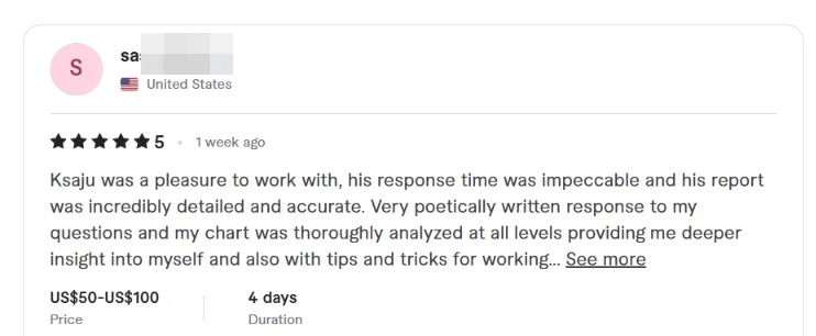 Fiverr review from a client in the United States, 5 stars: the report was incredibly detailed and accurate, very poetically written